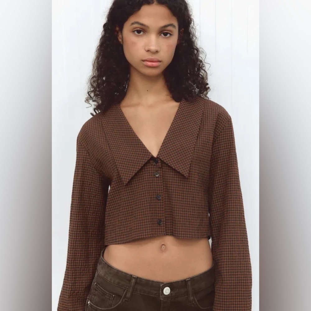 Zara Brown Plaid Peter Pan Collar Cropped Shirt XS NWT
